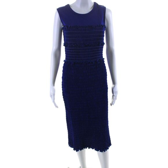 Altuzarra Womens Blue Crew Neck Smocked Sleeveless Bodycon Dress Size 40 - Picture 1 of 7
